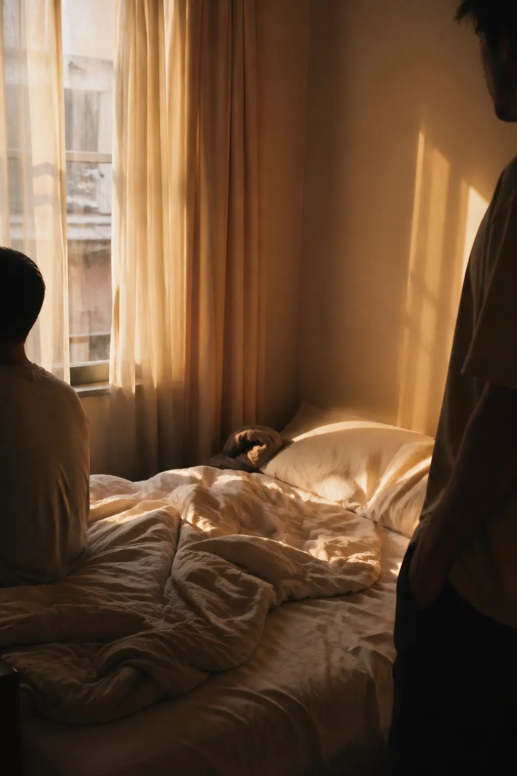 Borrowed guest room with adult silhouettes and morning light