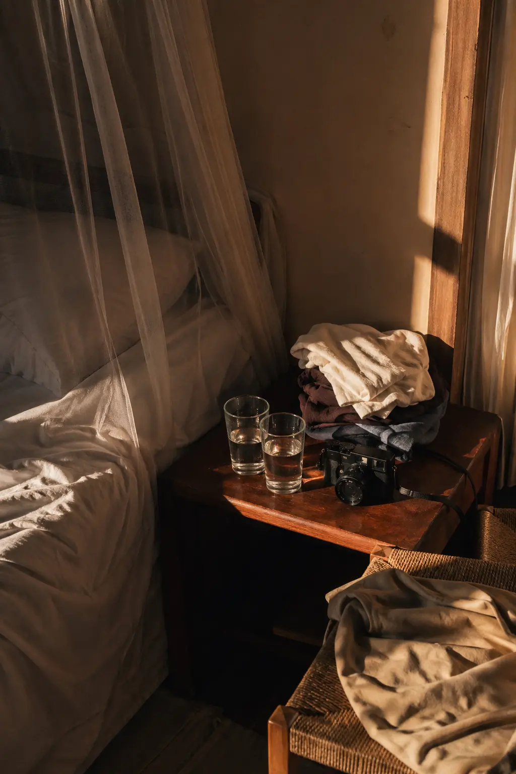 Domestic still life with bedside table, camera, and folded shirts