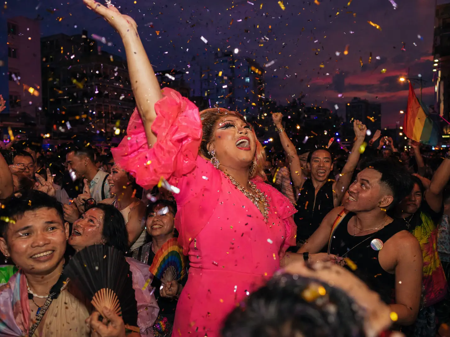Large Pride community celebration with adult drag performer and crowd