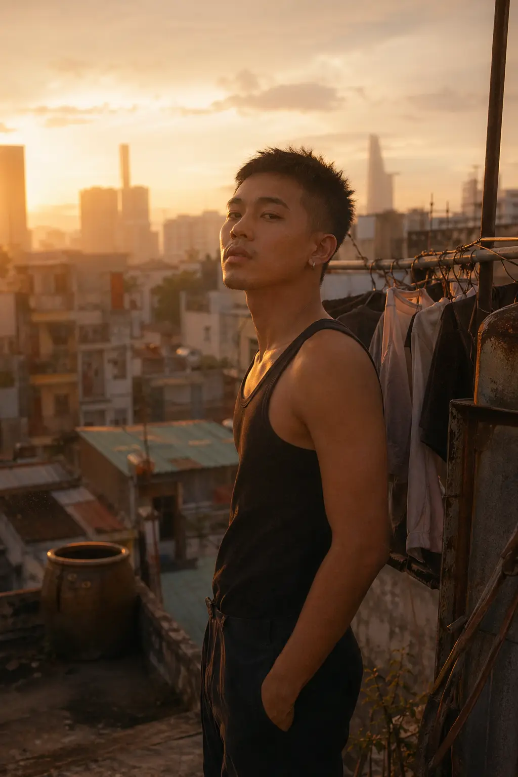 Portrait of an adult queer man in golden hour light on a Saigon rooftop