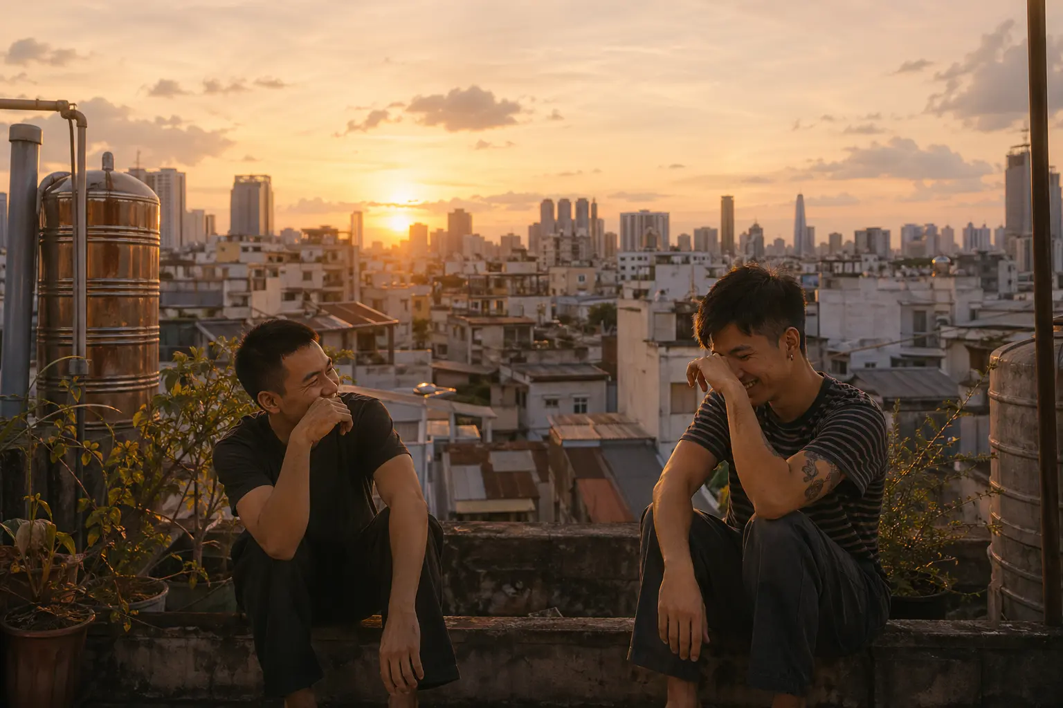 Wide rooftop portrait scene of adult men in Ho Chi Minh City golden hour