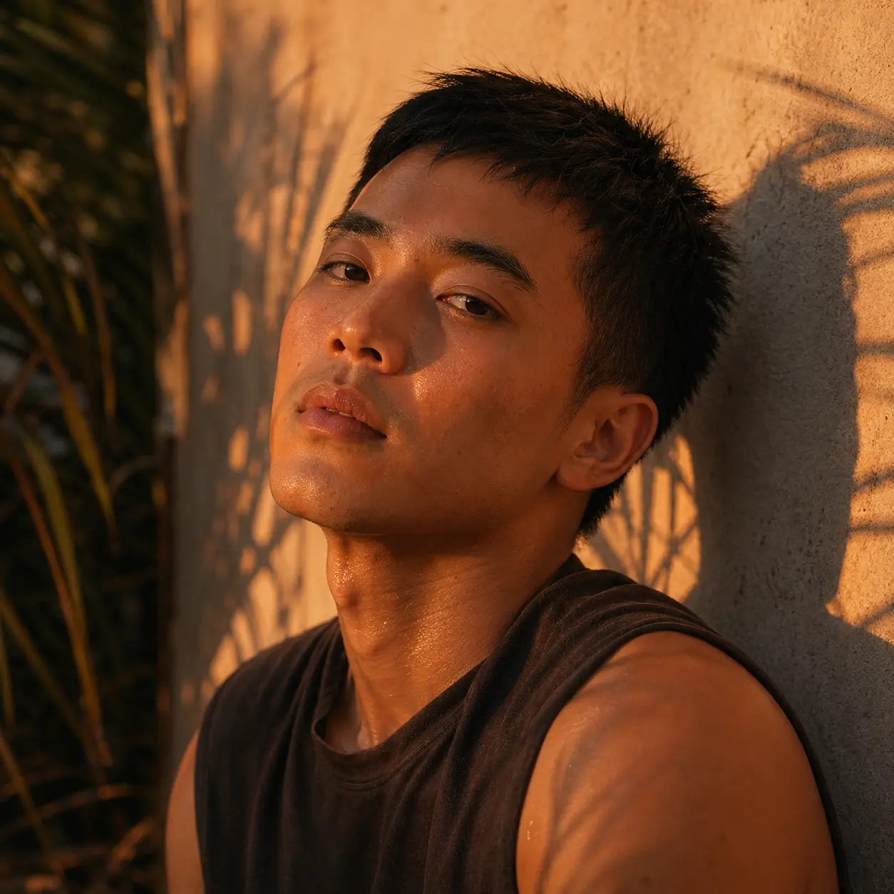 Square golden hour close portrait of an adult queer man
