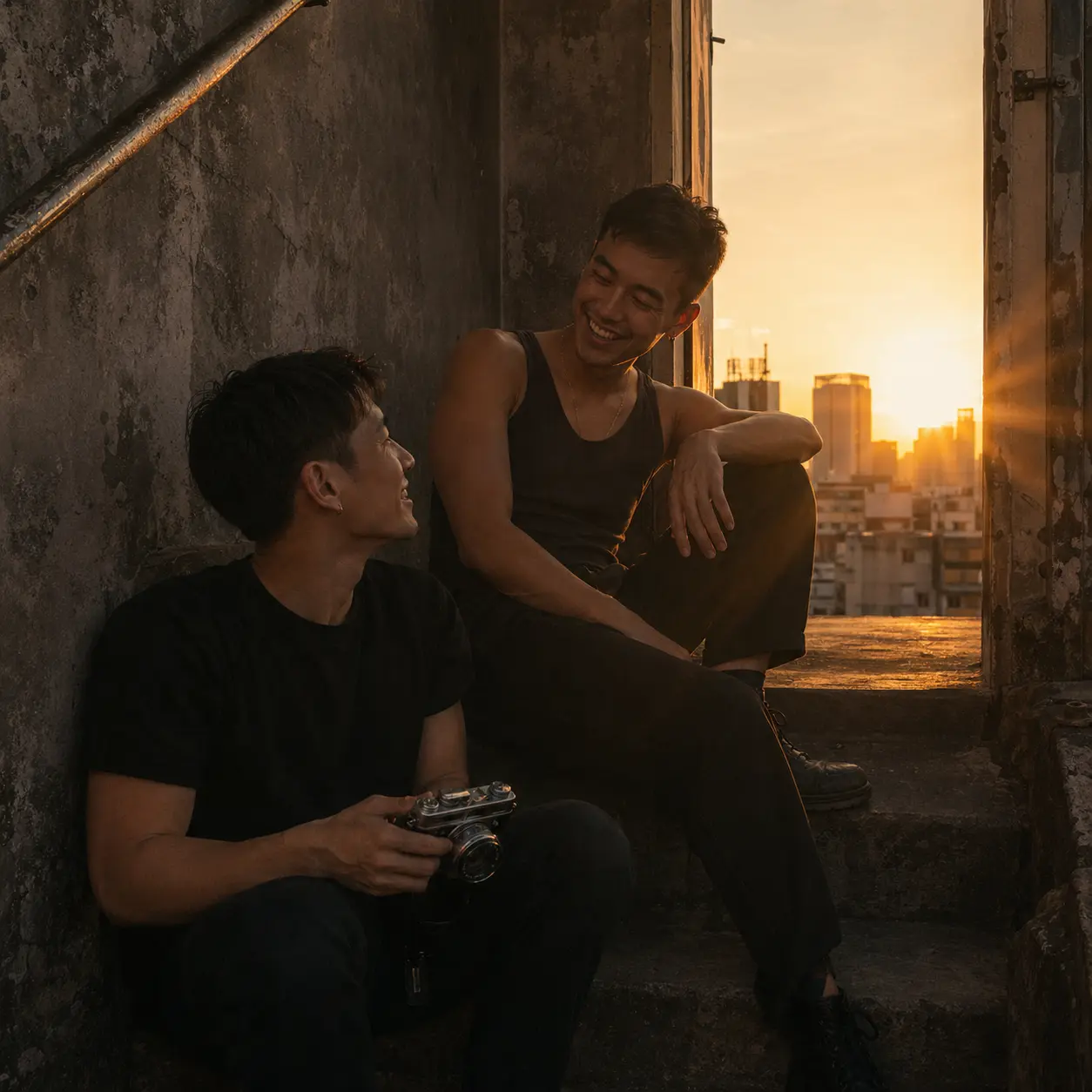 Rooftop friendship scene with adult men laughing in golden light