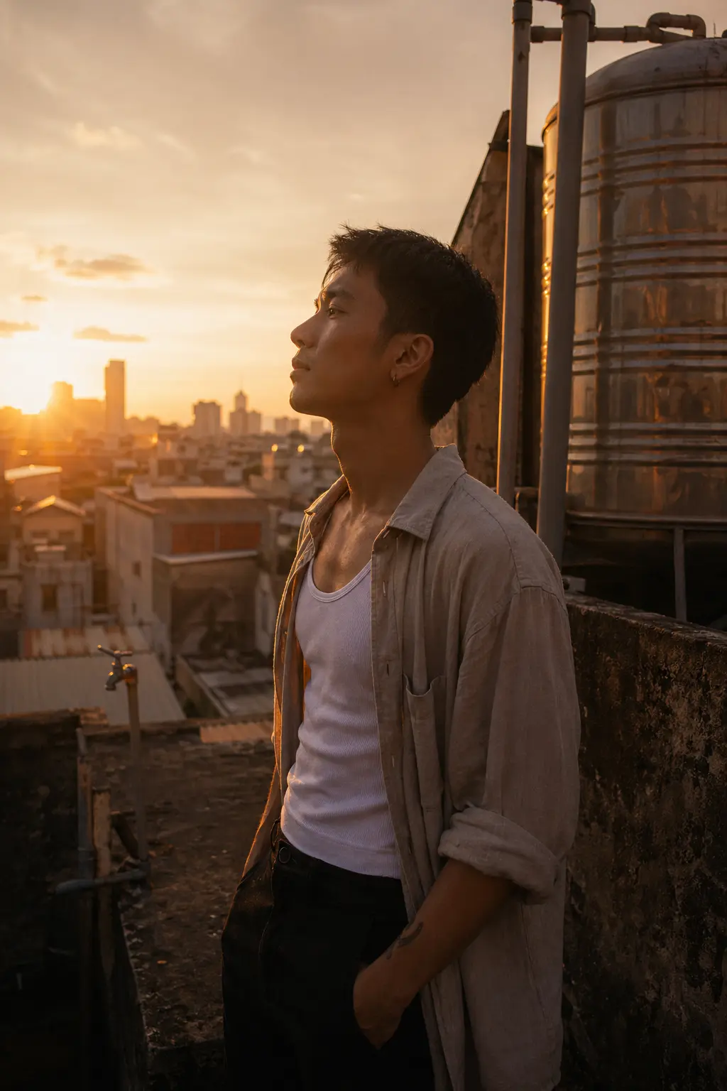 Introspective tall golden hour portrait on a Saigon rooftop