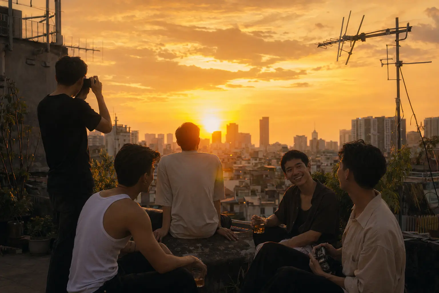 Wide Golden Hour Boys community rooftop scene at sunset