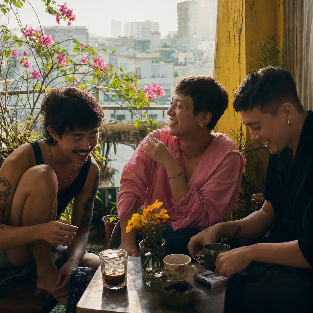 Chosen family on a Saigon balcony in morning light