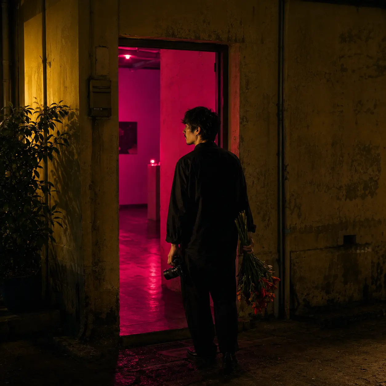 Queer nightlife doorway in Saigon with magenta light
