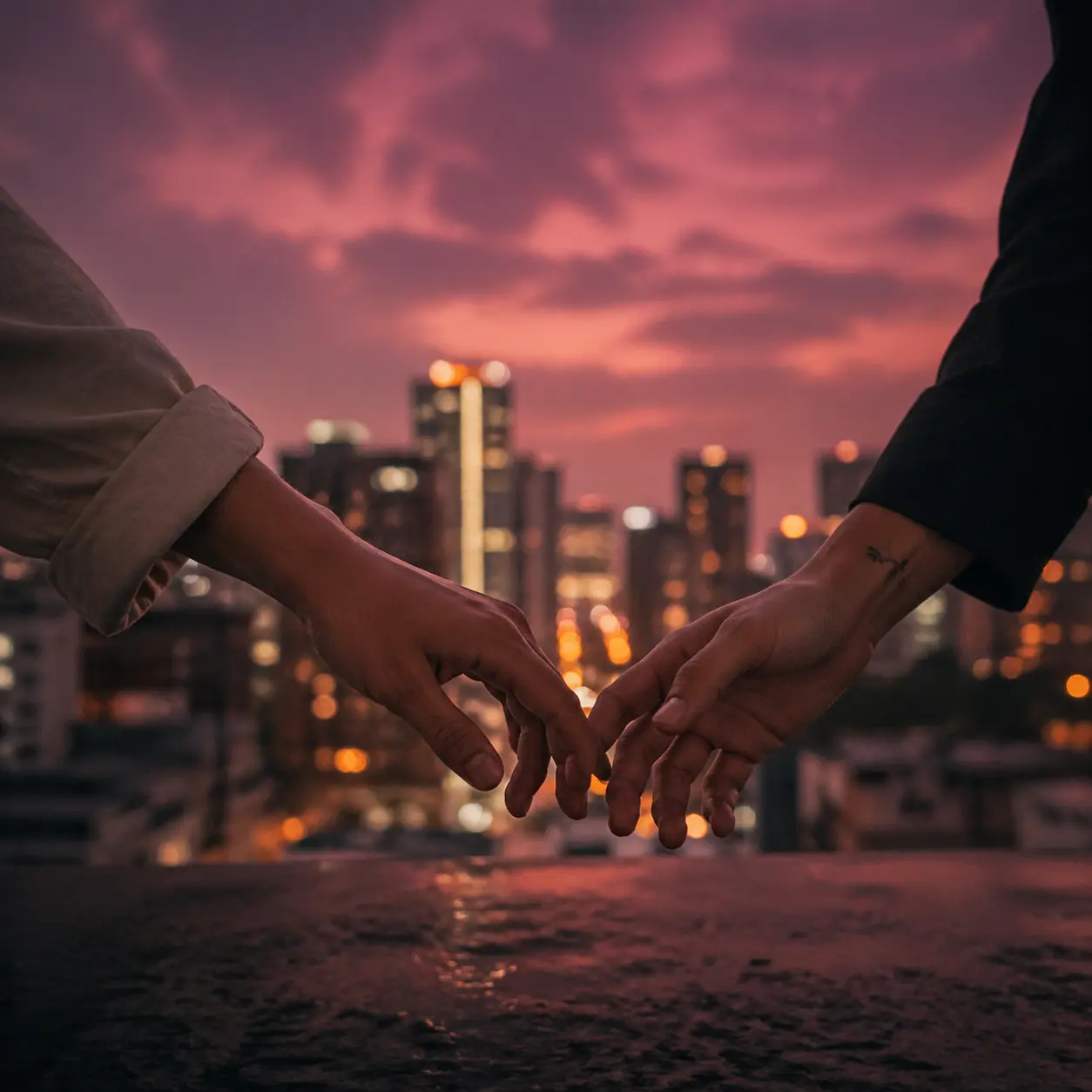 Close documentary detail of two adult men almost touching hands