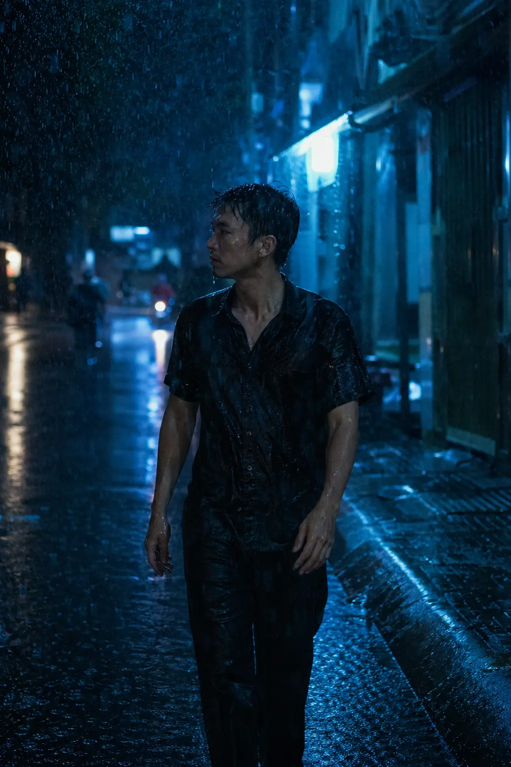 Large monsoon portrait of an adult man walking through Saigon rain