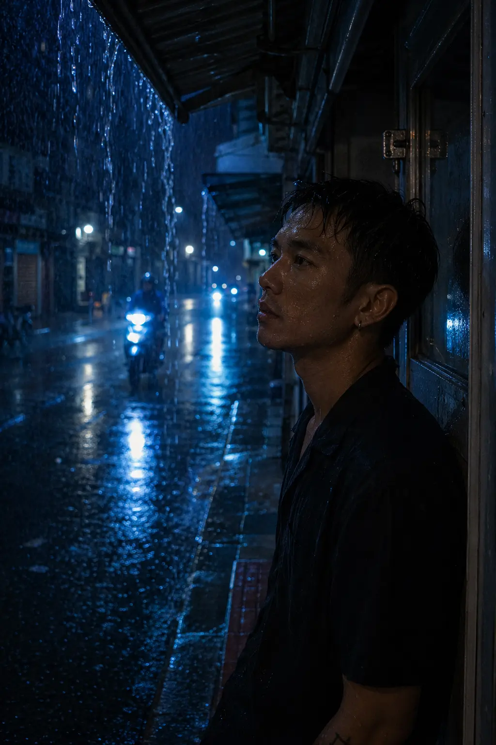 Large wet season portrait of an adult man under a rainy Saigon awning