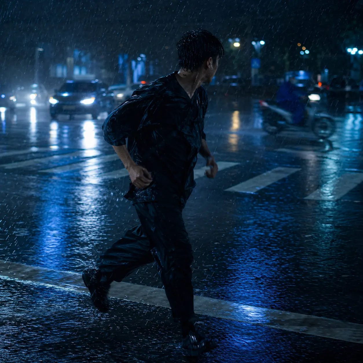 Adult man running through a rain-swept Saigon crosswalk